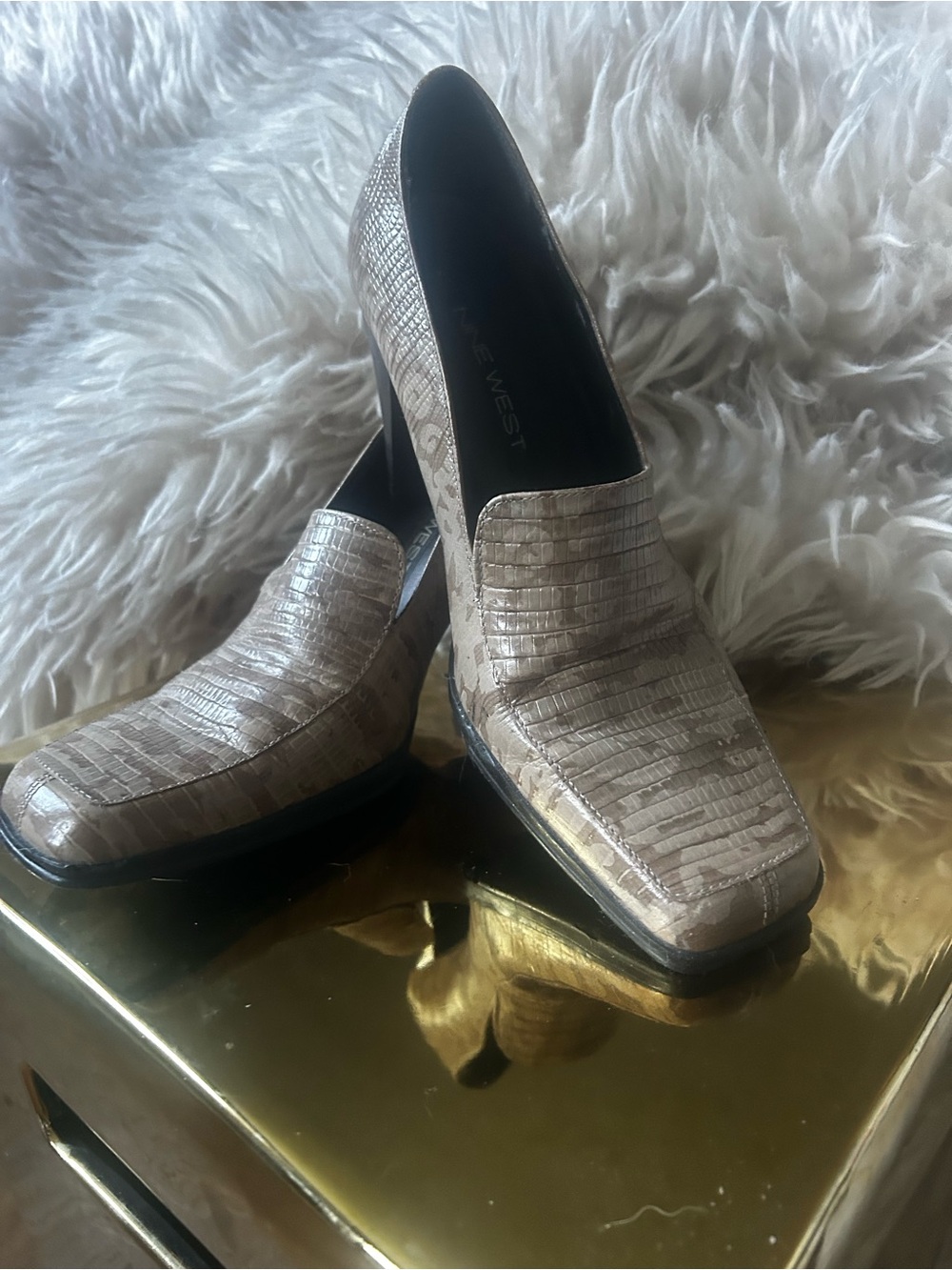 Nine West Metallic Beige Croc-Embossed Slip-On Heels